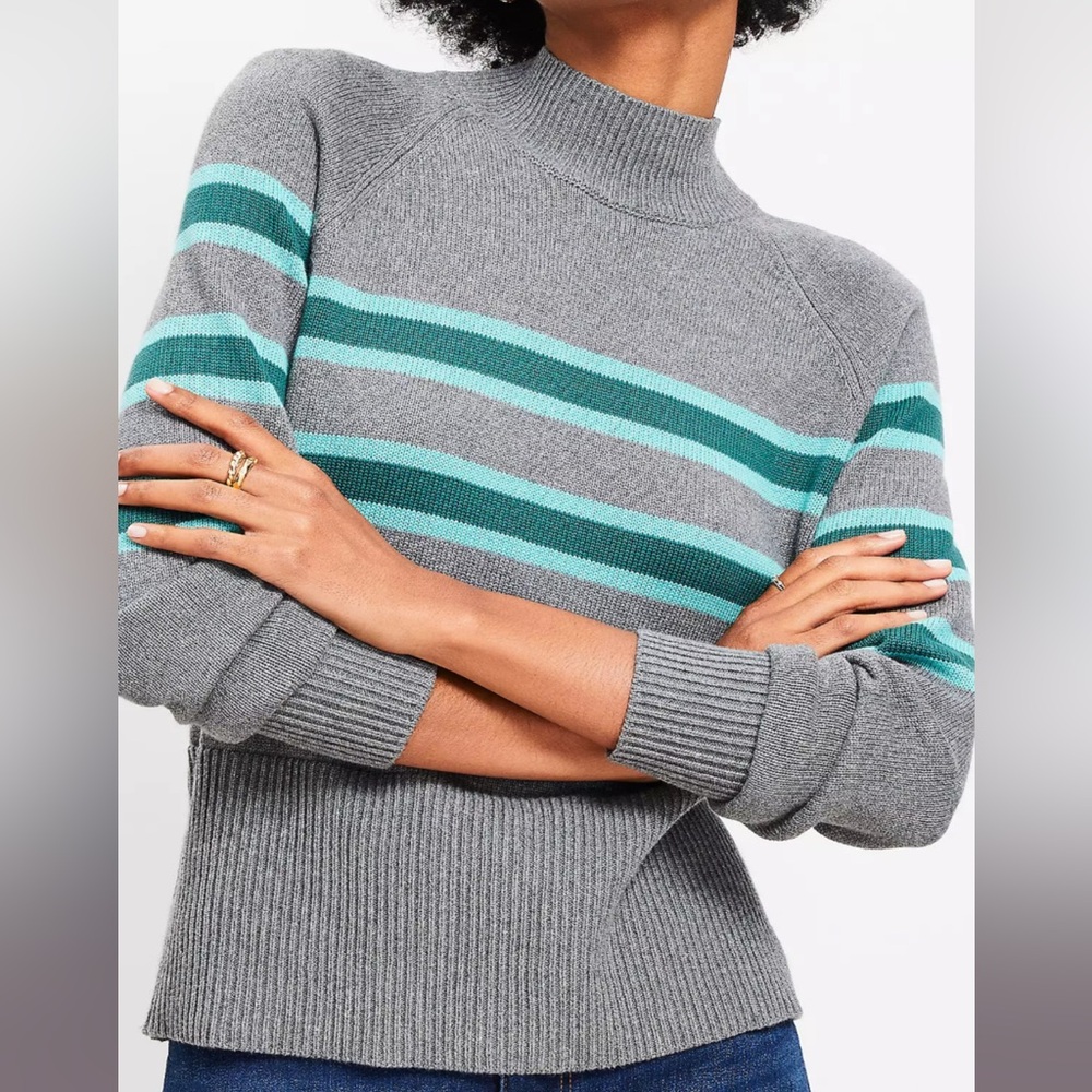 Loft Striped Ribtrim Mock Neck Knit Sweater Size Medium Preppy